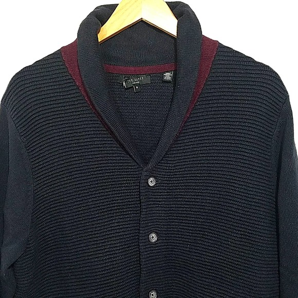 Ted Baker Knit Cardigan Button Sweater Navy / Burgundy Men's SZ 6 (XL US) - Picture 1 of 9